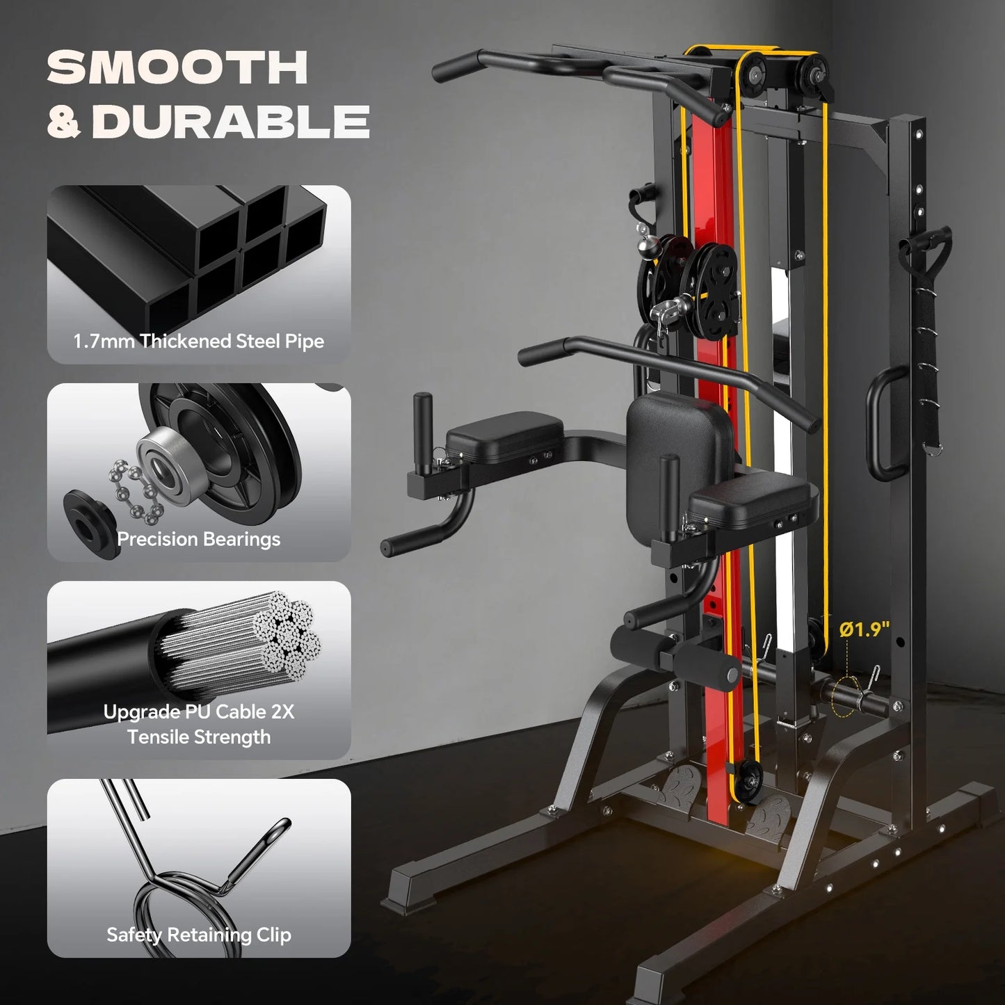 All-In-One Home Gym Machine with High/Low Pulley System for Lat Pulldown, Rowing, and Back Exercises, Featuring Leg Support