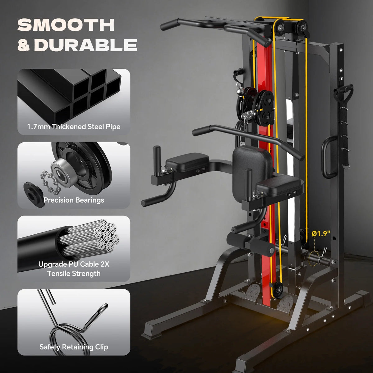 All-In-One Home Gym Machine with High/Low Pulley System for Lat Pulldown, Rowing, and Back Exercises, Featuring Leg Support