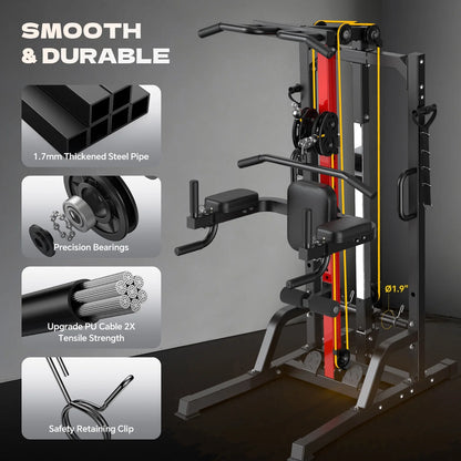 All-In-One Home Gym Machine with High/Low Pulley System for Lat Pulldown, Rowing, and Back Exercises, Featuring Leg Support