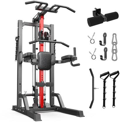 All-In-One Home Gym Machine with High/Low Pulley System for Lat Pulldown, Rowing, and Back Exercises, Featuring Leg Support