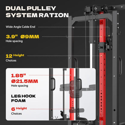 All-In-One Home Gym Machine with High/Low Pulley System for Lat Pulldown, Rowing, and Back Exercises, Featuring Leg Support
