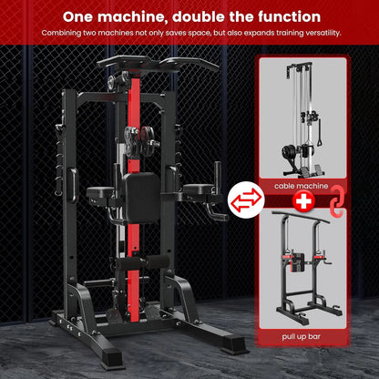 All-In-One Home Gym Machine with High/Low Pulley System for Lat Pulldown, Rowing, and Back Exercises, Featuring Leg Support