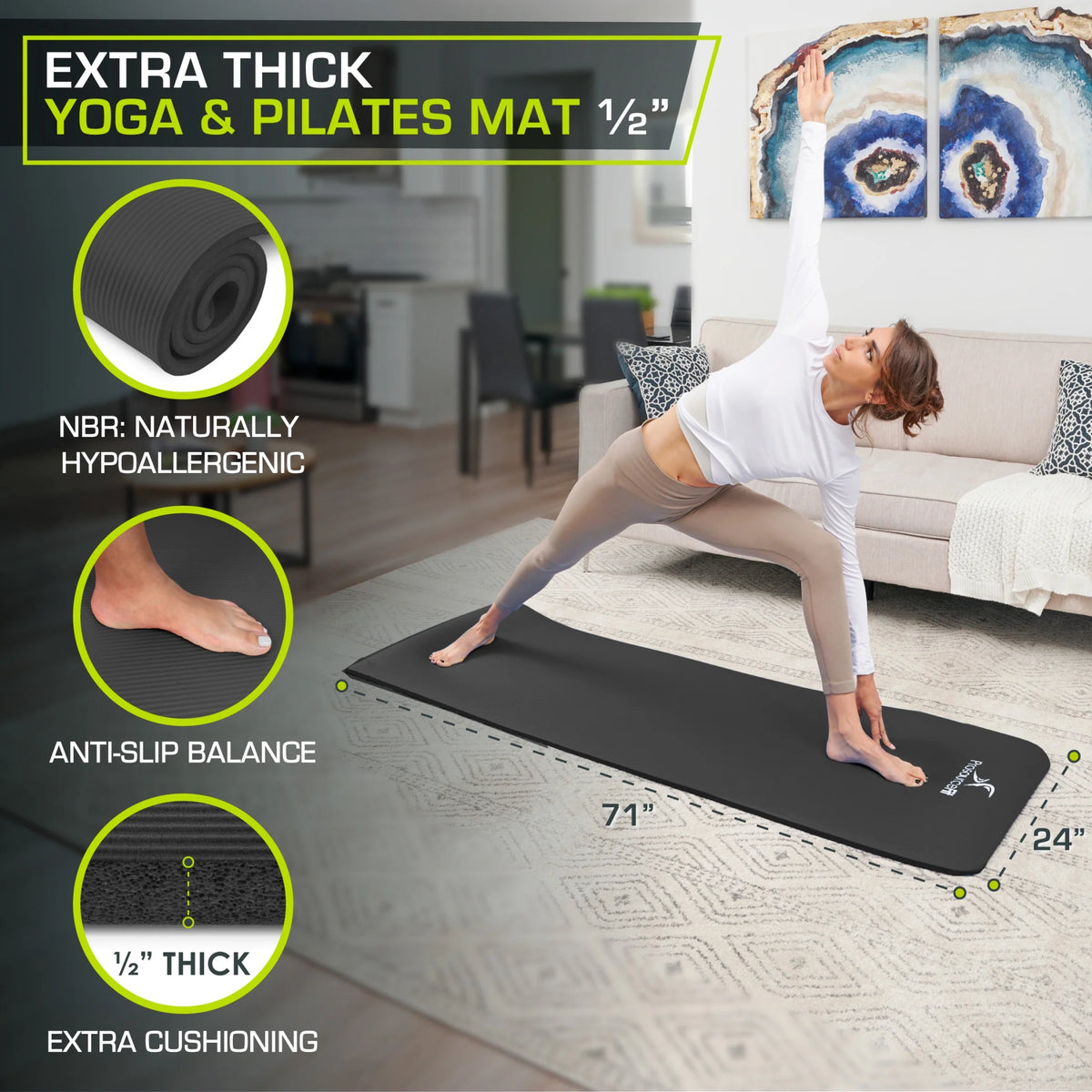 Premium Extra Thick Yoga and Pilates Mat - Available in 1/2-Inch and 1-Inch Thickness for Enhanced Fitness Experience