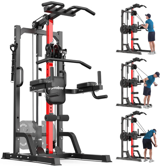 All-In-One Home Gym Machine with High/Low Pulley System for Lat Pulldown, Rowing, and Back Exercises, Featuring Leg Support
